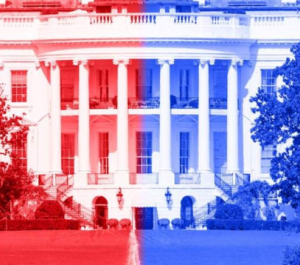 Ornamental picture of the White House colored red and blue.
